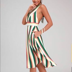 NWT WHITE AND GREEN MULTI STRIPE HALTER MIDI DRESS